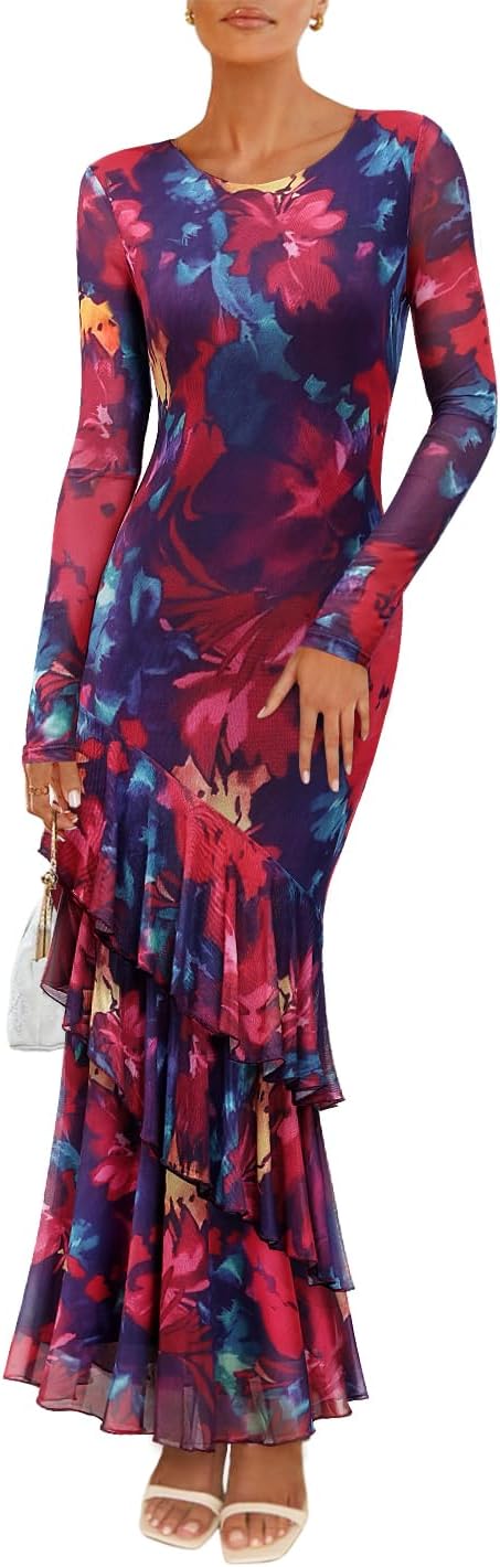 ZESICA Women's Fall Floral Wedding Guest Bodycon Dresses 2025 Long Sleeve Crewneck Mesh Ruffle Mermaid Party Maxi Dress