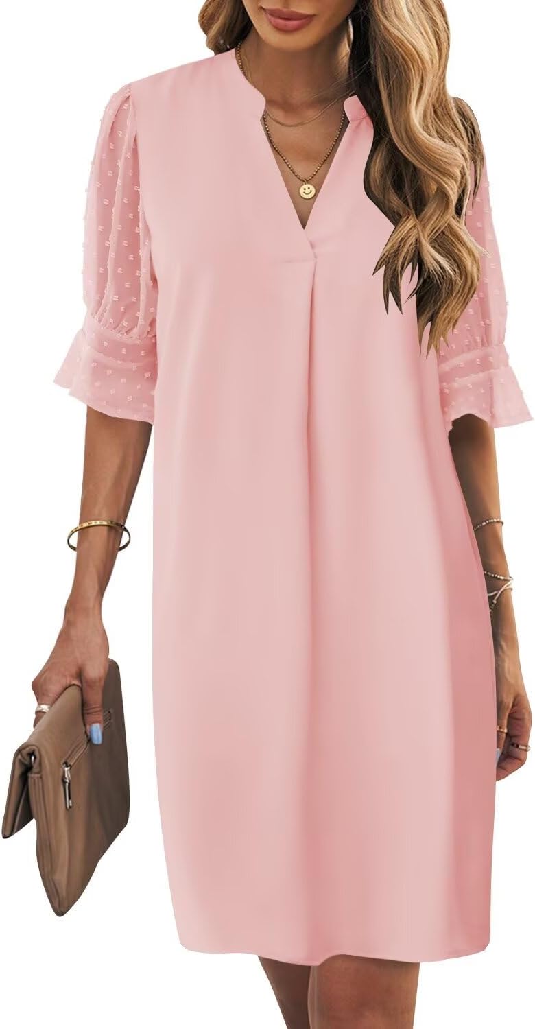 Wkior Shift Dress for Women V Neck Short Sleeves Solid Color Casual Flowy Summer Dresses(S-2XL)