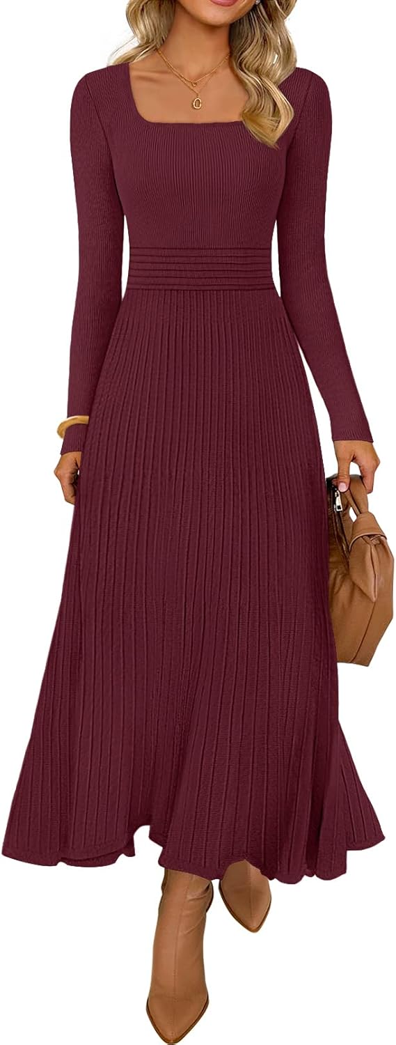 MEROKEETY Women's Sweater Dress 2025 Fall Winter Casual Long Sleeve Square Neck Pleated Church Work Knit Midi Dresses