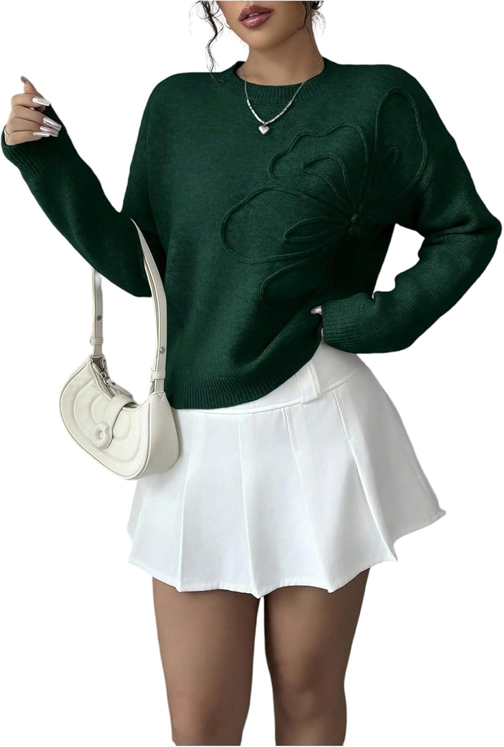 Women's 3D Floral Appliques Crewneck Sweaters Long Sleeve Drop Shoulder Pullovers Elegant Knit Tops