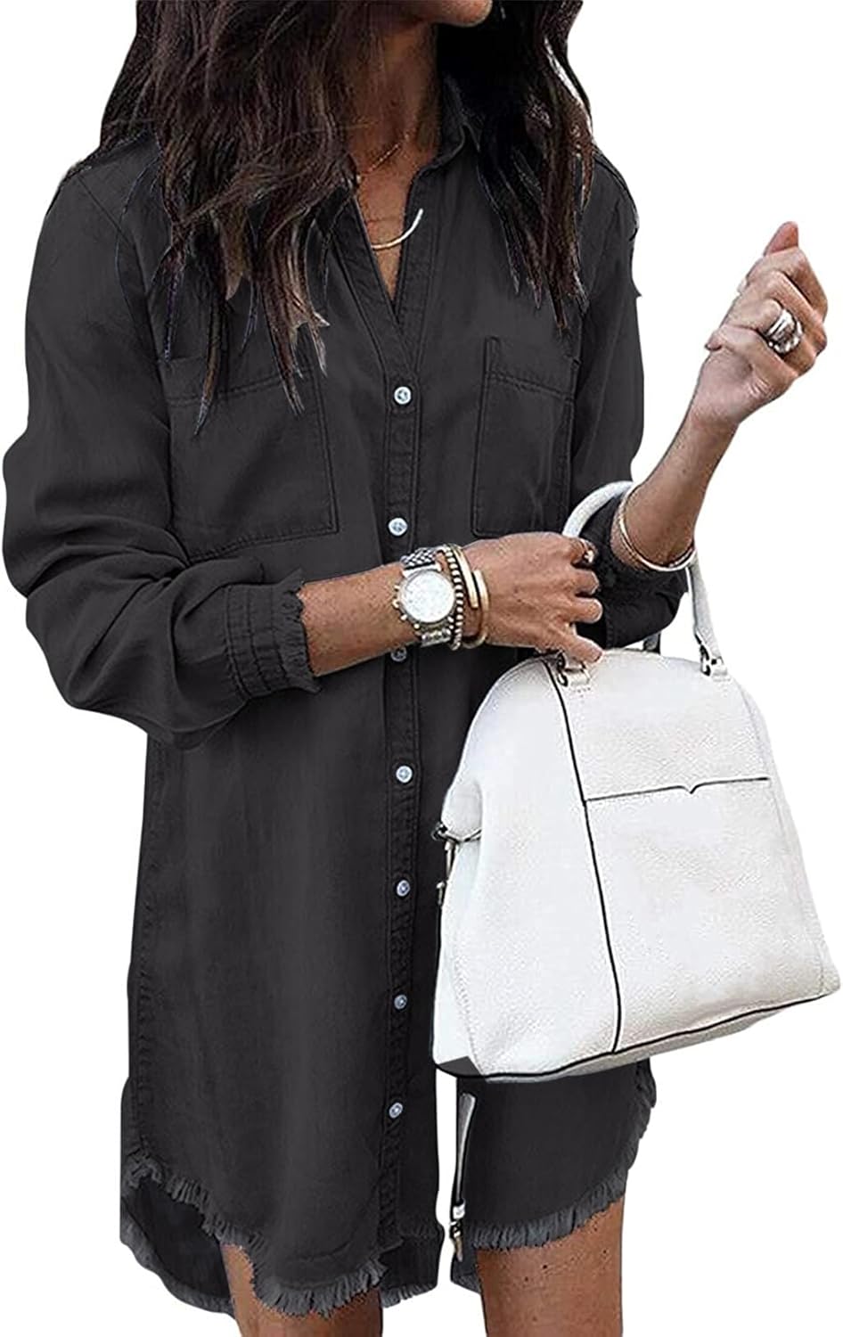 Zilcremo Women Denim Shirt Dresses Long Sleeve Distressed Jean Dress Button Down Casual Tunic Top