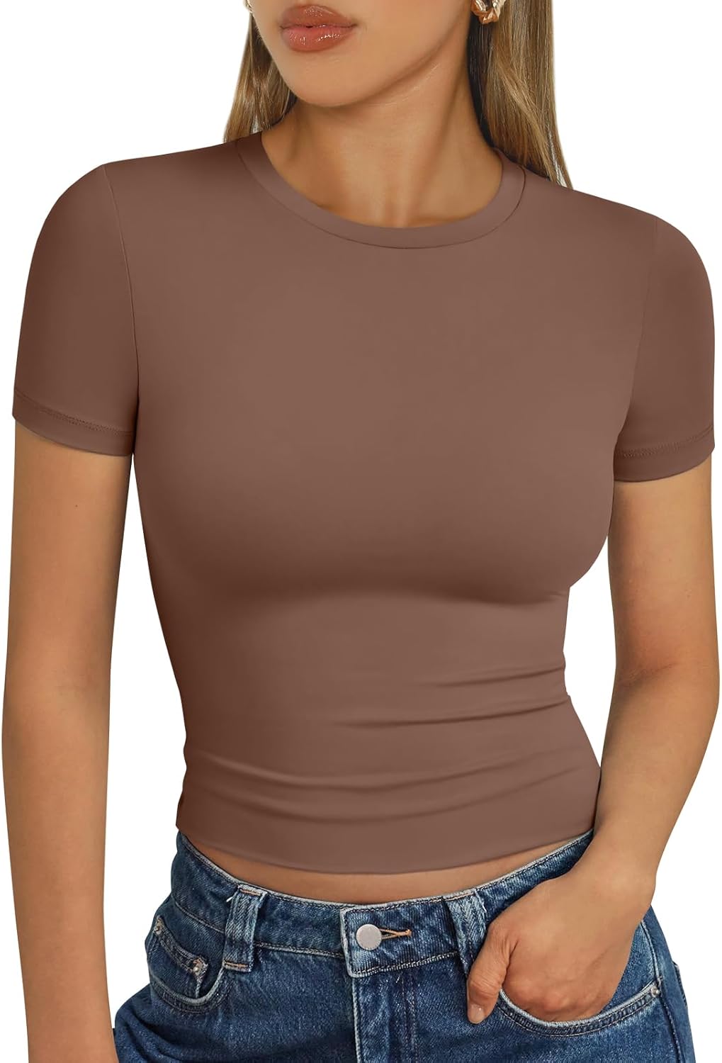 Trendy Queen Womens Short Sleeve T Shirts Summer Crop Tops Basic Slim Fit Gym Workout Y2k Clothes