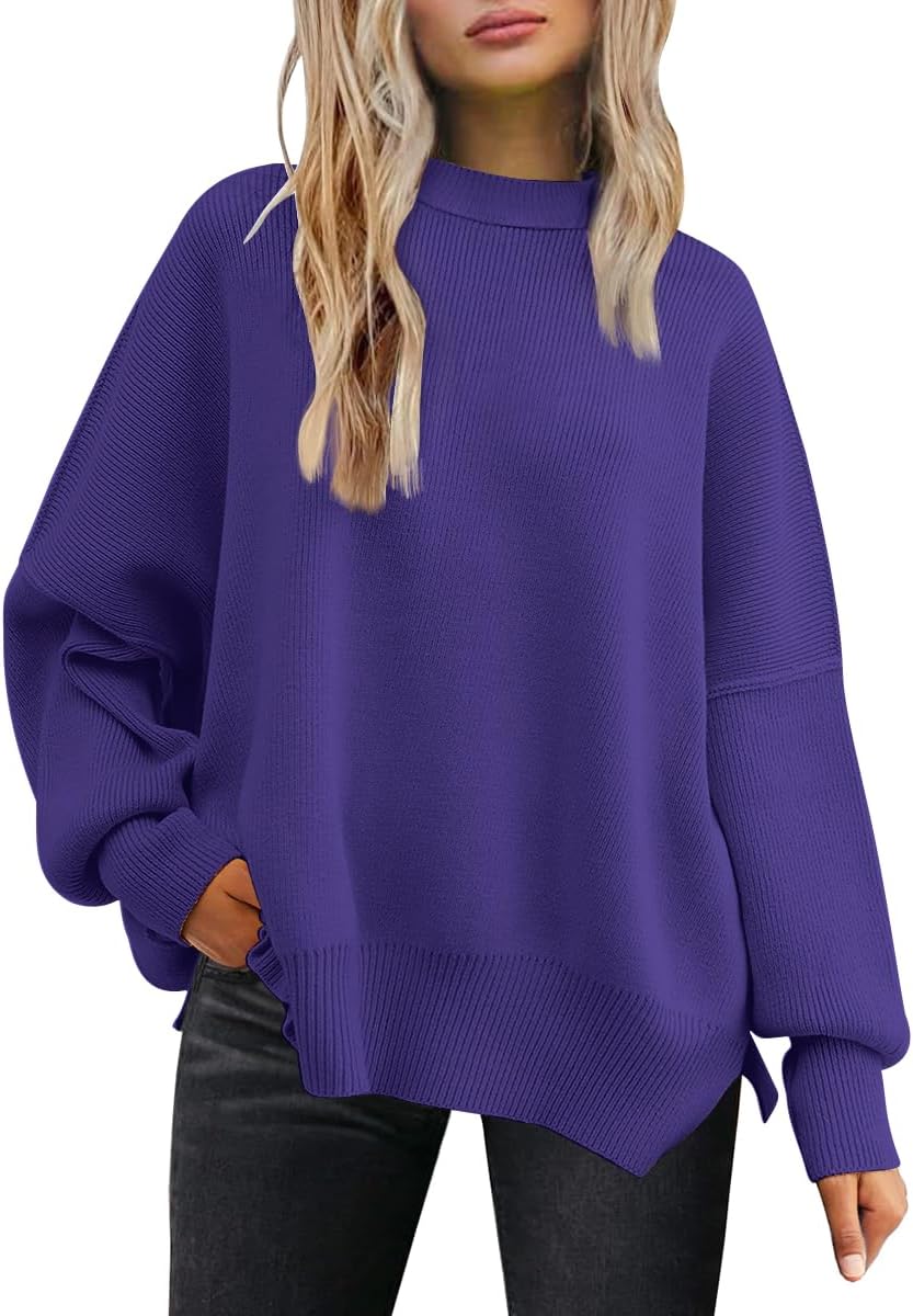 LILLUSORY Women's Oversized Batwing Sweaters 2025 Fall Outfits Trendy Crewneck Knit Side Slit Fashion Pullover Tops