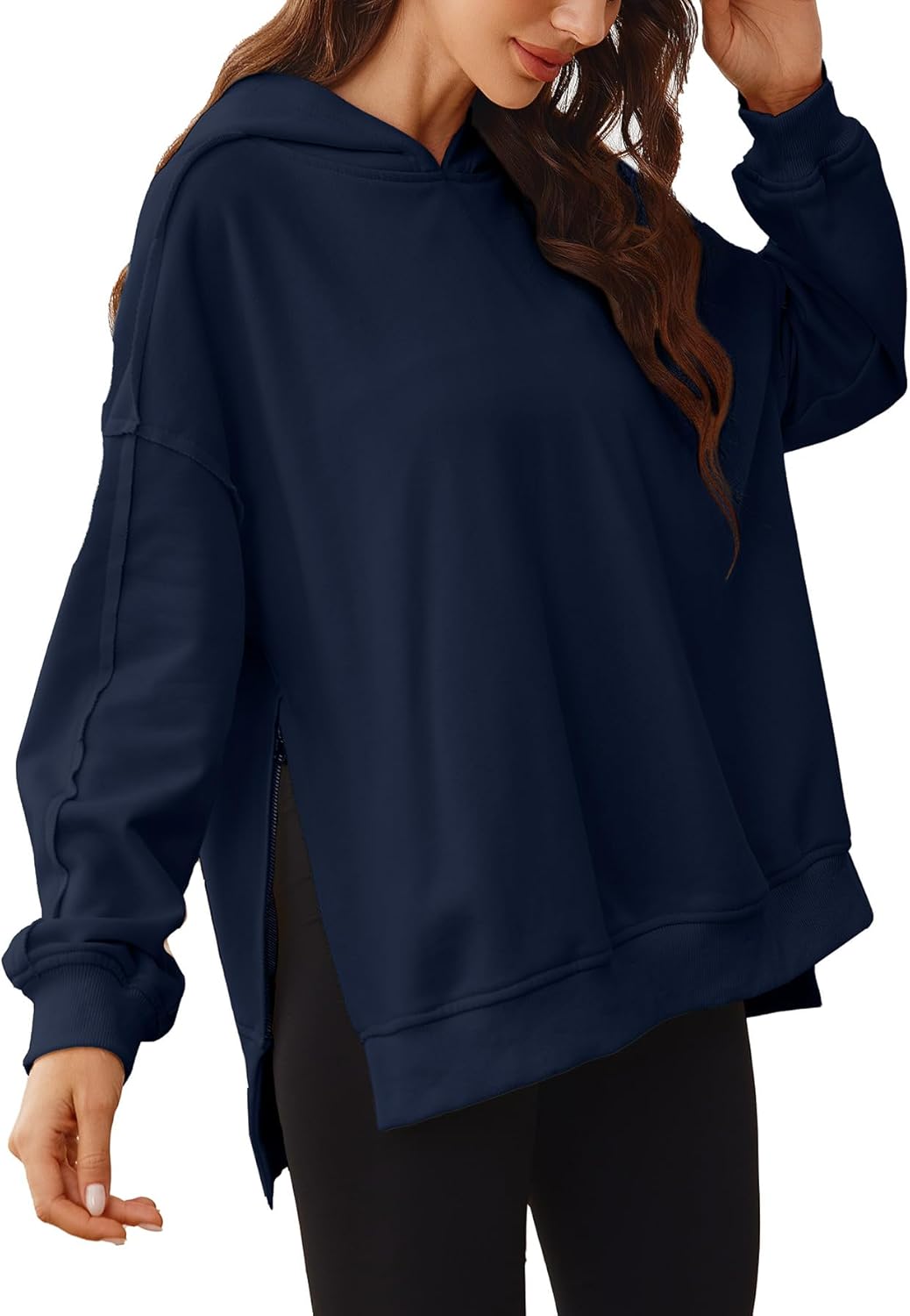 Glamaker Women's Oversized Hoodies Side Slit Zip Up Pullover Sweatshirt Casual Long Sleeve High Low Fall Clothes Top Shirts