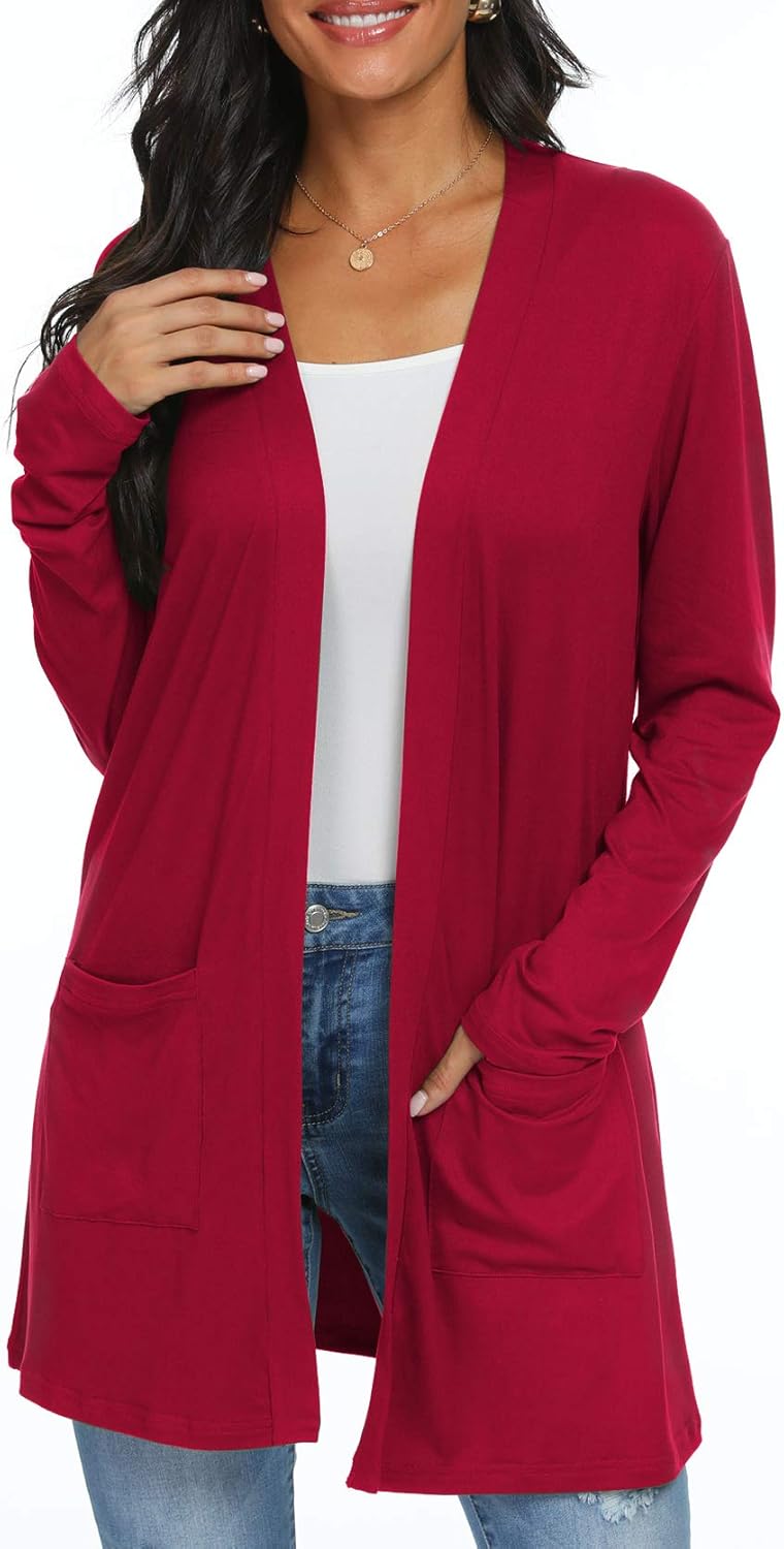 Womens Casual Lightweight with Pocketes Long Sleeve Open Front Cardigan