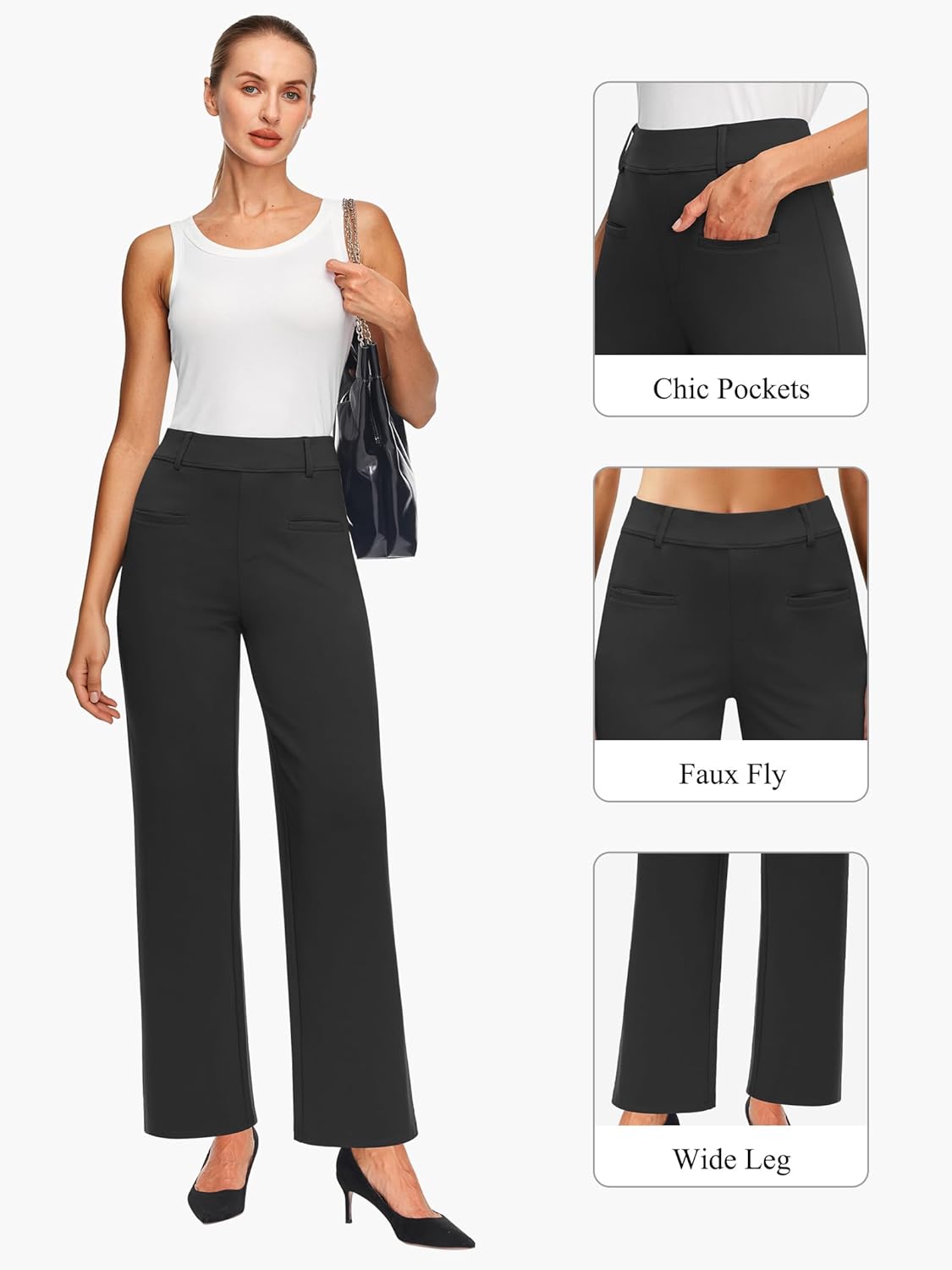 Womens Casual High Waist Straight Leg Pants Stretchy Button Business Dress Work Pocket Trousers