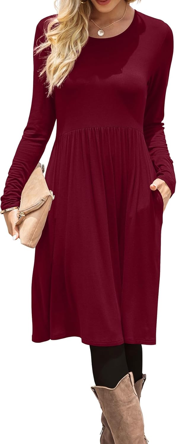 DB MOON Women Casual Long Sleeve Dresses Empire Waist Knee Length Loose Dress with Pockets