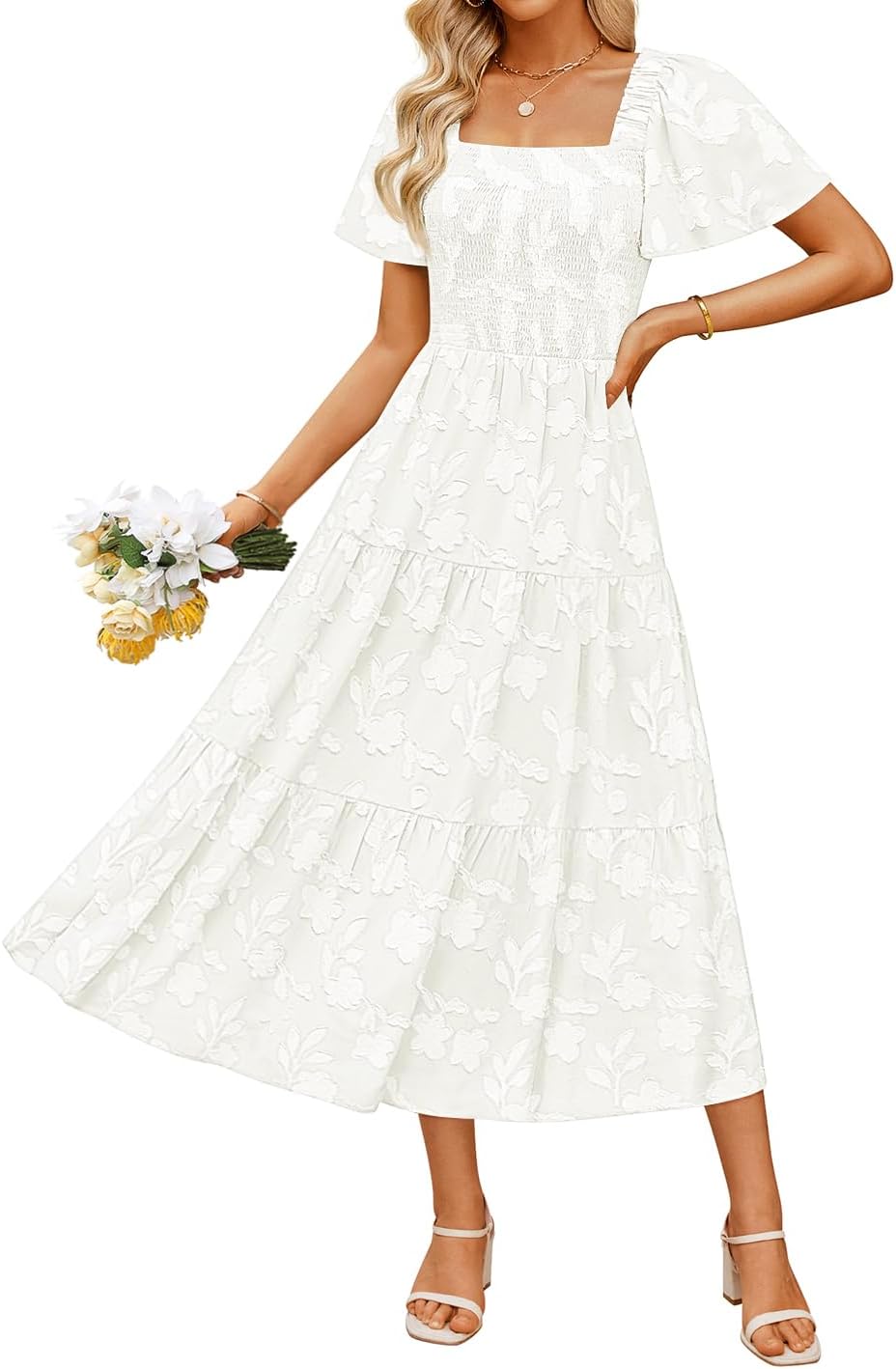 ZESICA Women‘s Summer Boho Floral Midi Dress 2025 Casual Short Sleeve Square Neck Flowy Beach Vacation Long Dress