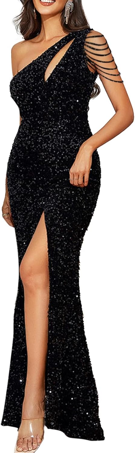 Cololura Women Sequin Elegant Sexy One Shoulder Tassel Mermaid Bodycon Cocktail Evening Dress