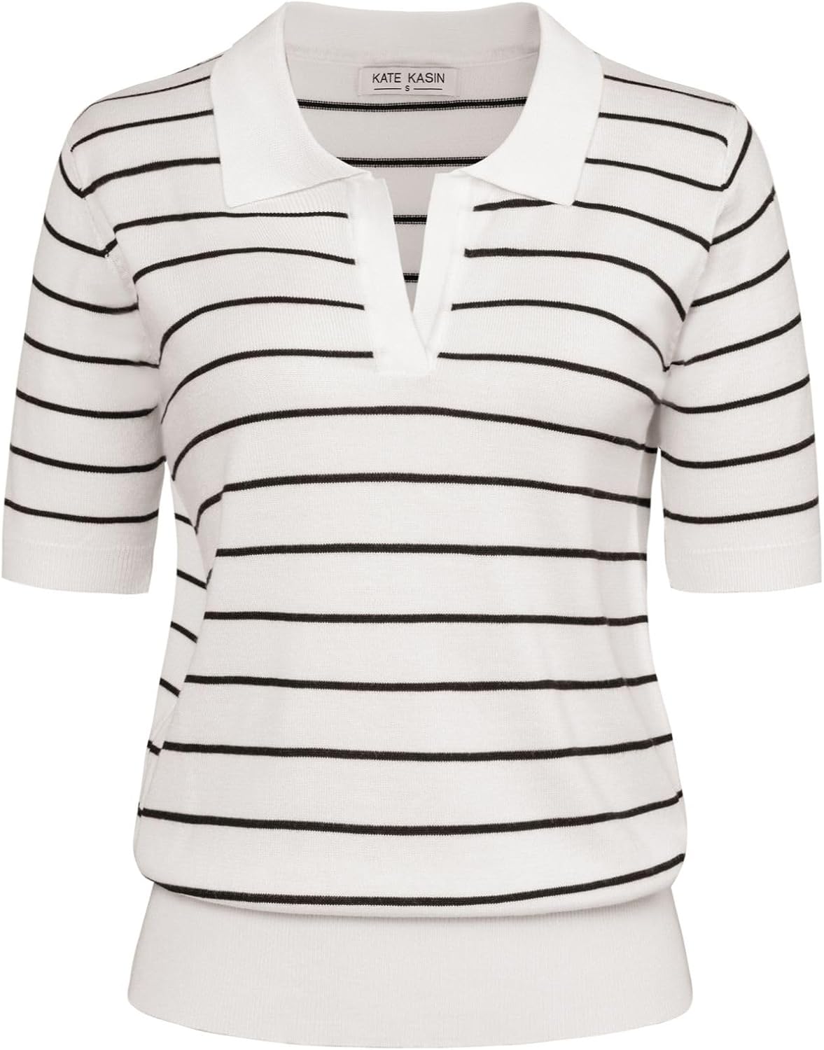 Kate Kasin Women Short Sleeve Polo Sweater V Neck Knitted Tops Casual Ribbed Shirt Loose Pullover Sweater