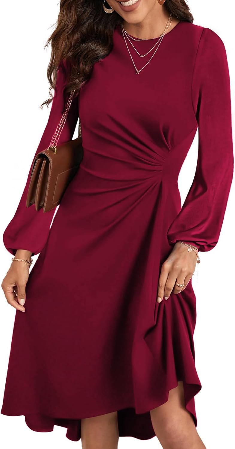 Happy Sailed Women's Long Sleeve Ruched Waist Flowy A Line High Low Midi Cocktail Party Dress