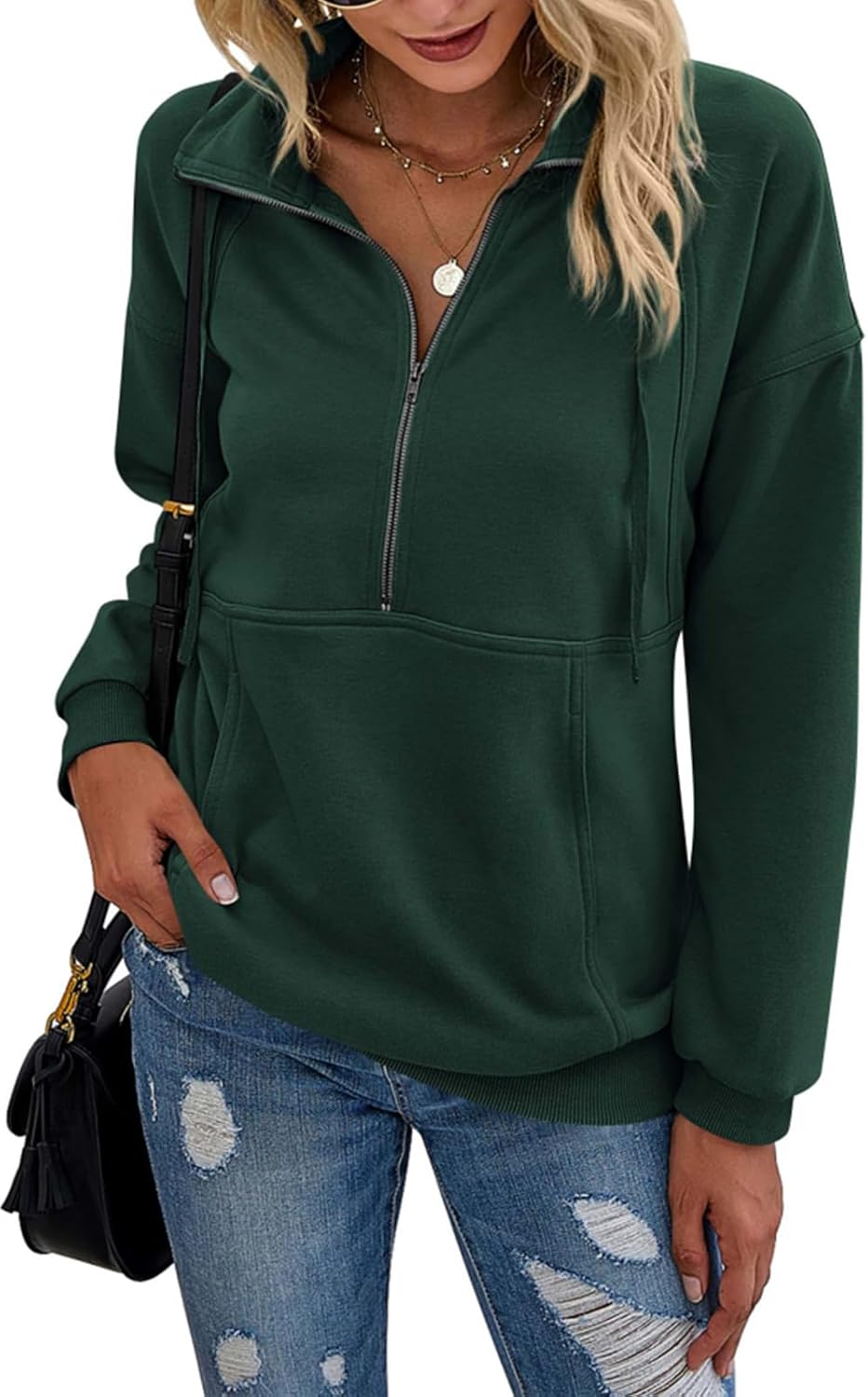 PRETTYGARDEN Women's Casual Long Sleeve Lapel Zipper Sweatshirt Drawstring Loose Pullover Tops