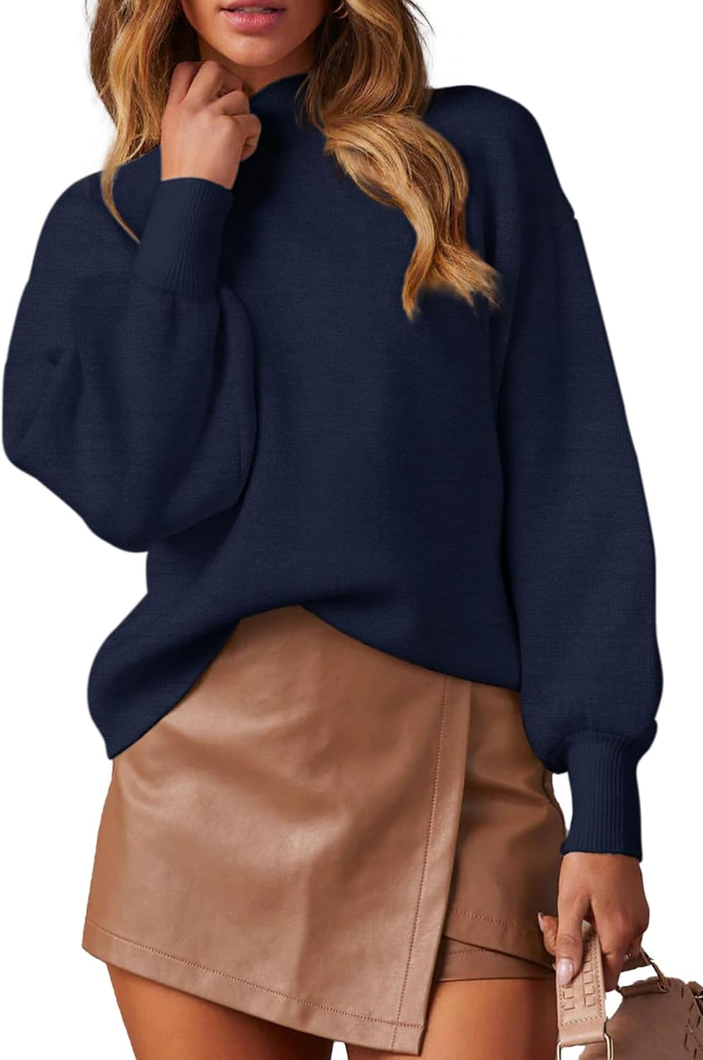 WEACZZY Women's 2025 Fall Fashion Casual Sweaters Mock Neck Long Lantern Sleeve Lightweight Knit Pullover Sweater Tops