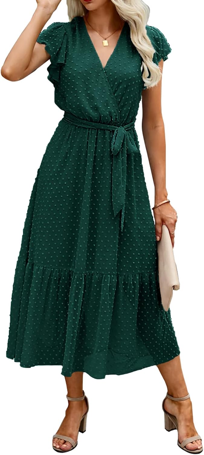 BTFBM Women Summer Bohemian Floral Casual Wrap V Neck Ruffle Cap Sleeveless Belt A-Line Pleated Hem Midi Sun Dress White