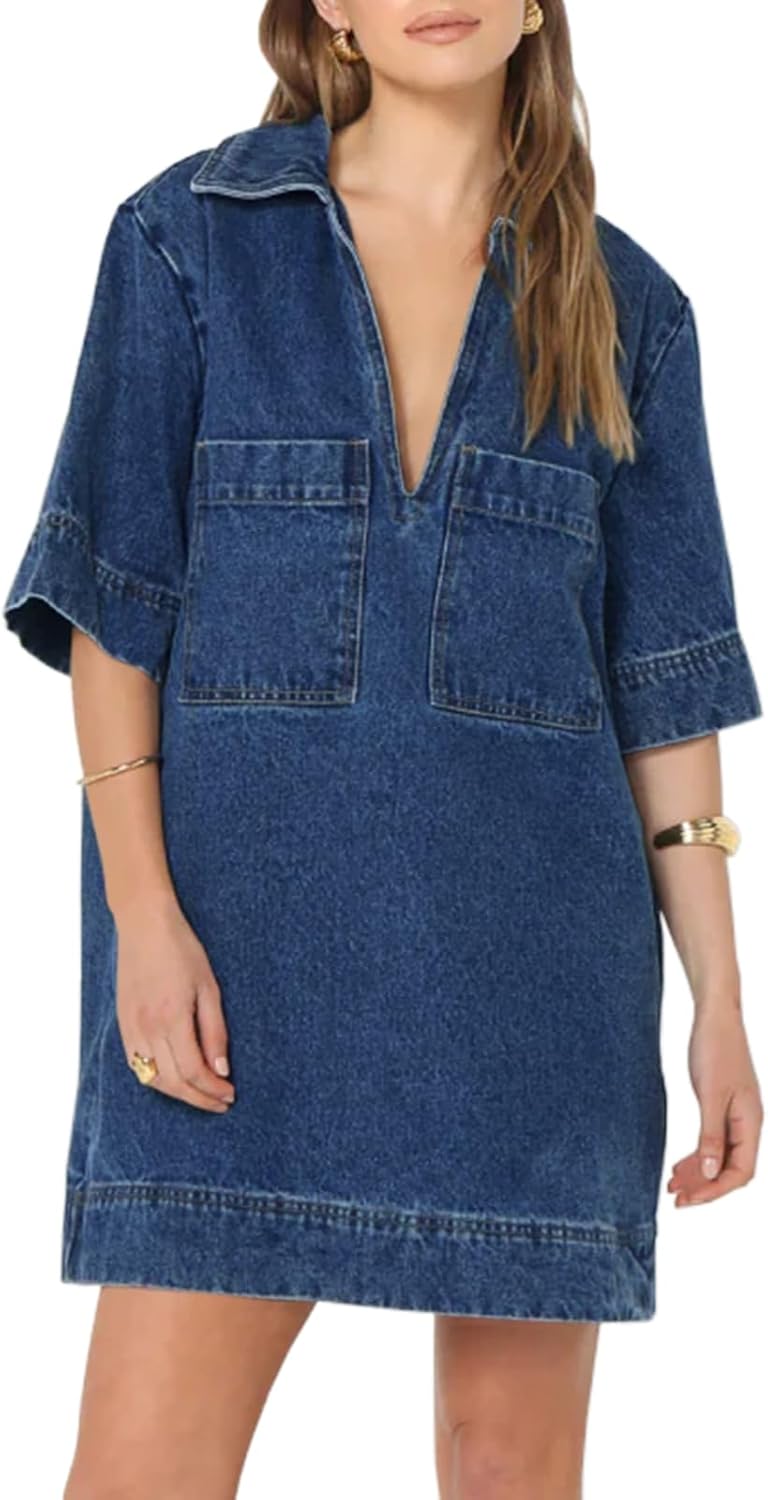 Fisoew Womens Denim Shirt Dress Summer Collared V Neck Mini Casual Jean Dresses with Pockets