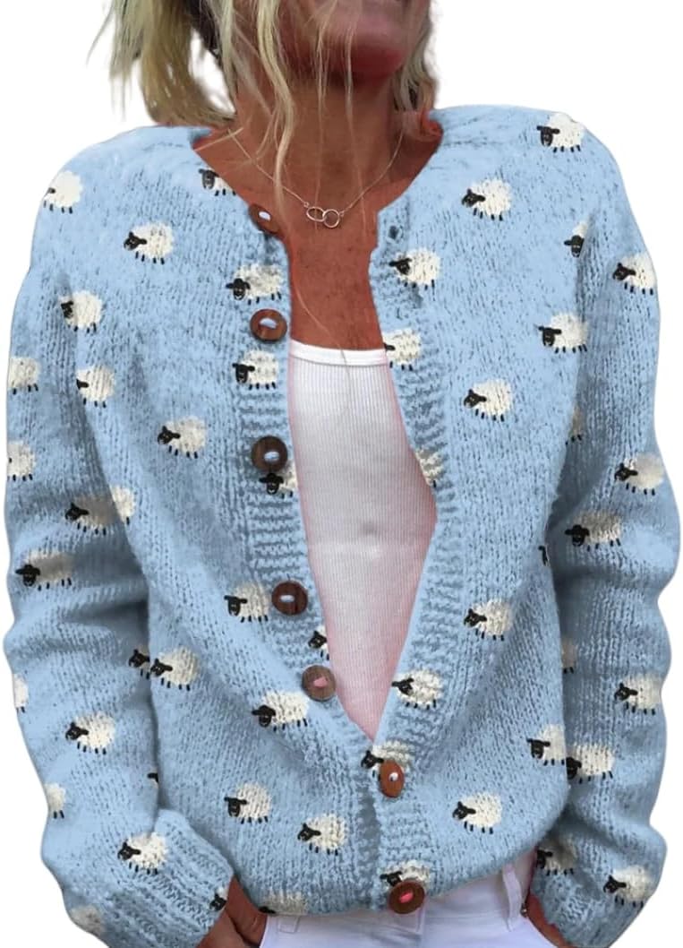 Women's Funny Fall Winter Animal Floral Christmas Tree Long Sleeve Button Knit Cardigan Sweater