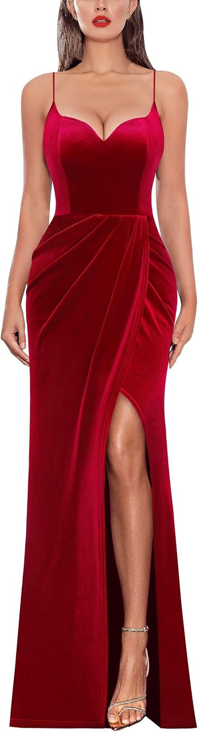 VFSHOW Womens Sexy Formal Ruched Fitted High Slit Bodycon Maxi Dress Spaghetti Strap Sweetheart Cocktail Prom Evening Gown