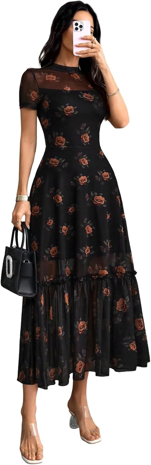 GothDark Women's Summer Floral Mesh Ruffle Dress Short Sleeve Round Neck Waist Cinched Casual Maxi Wedding Guest Dresses