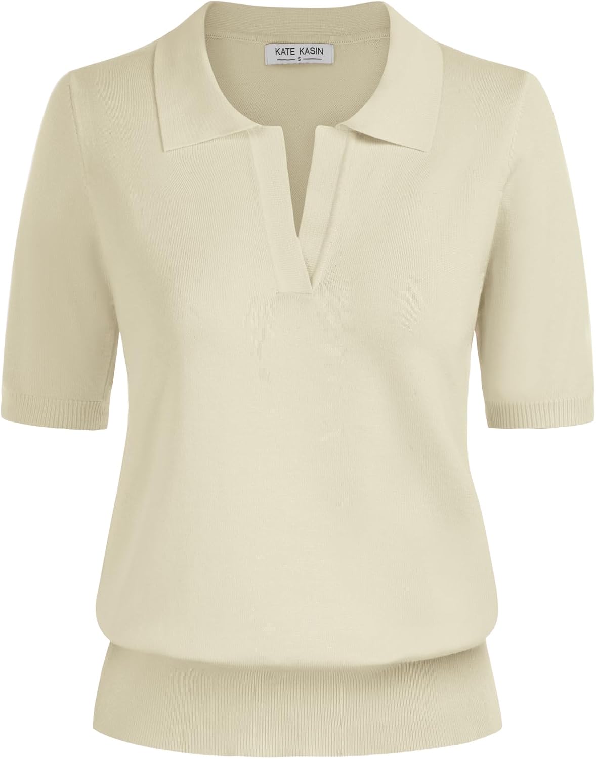 Kate Kasin Women Short Sleeve Polo Sweater V Neck Knitted Tops Casual Ribbed Shirt Loose Pullover Sweater