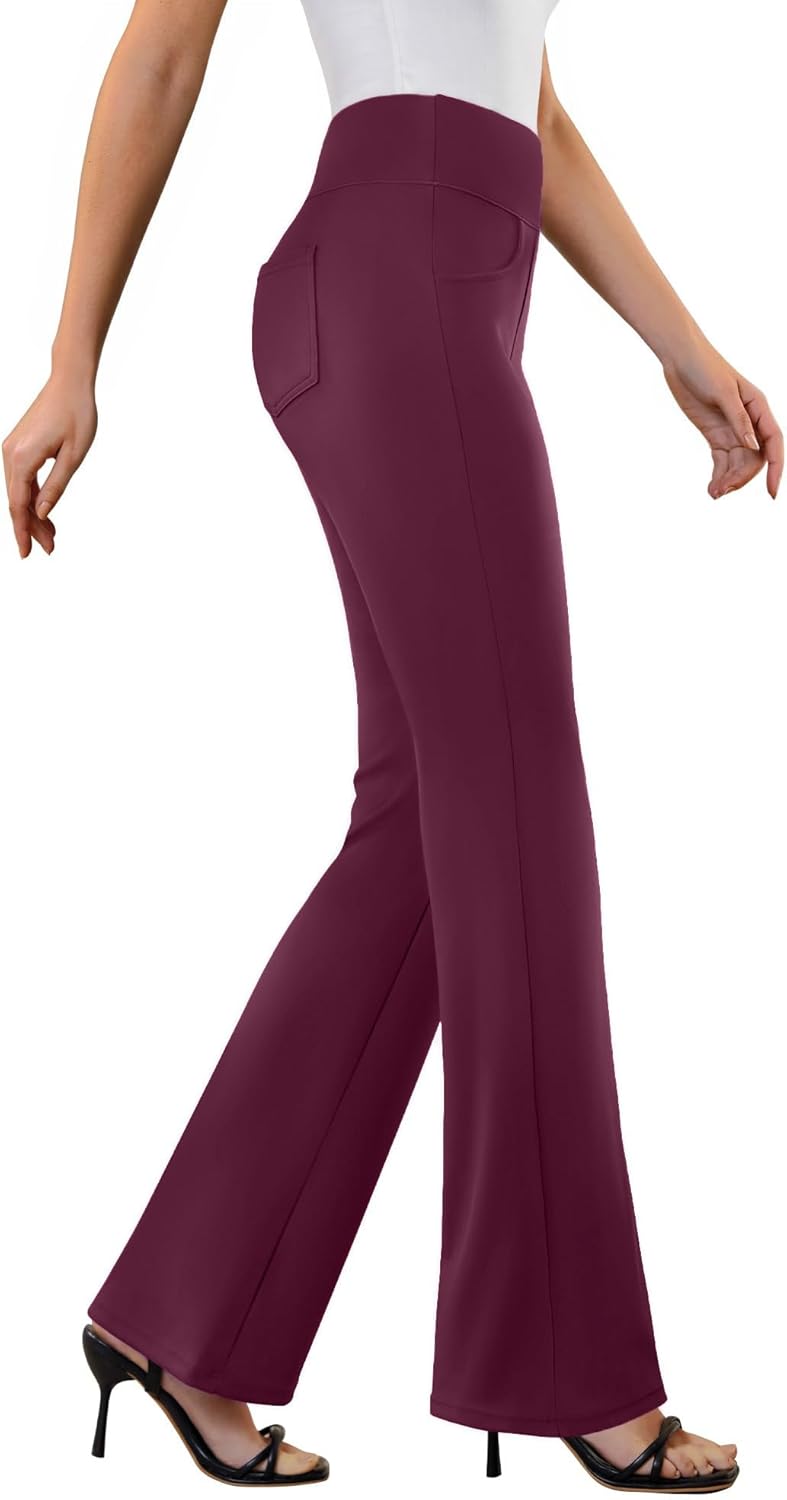 Womens Dress Pants Stretchy Work Pants Business Casual Office Trousers Pull On Flare Slacks with 4 Pockets