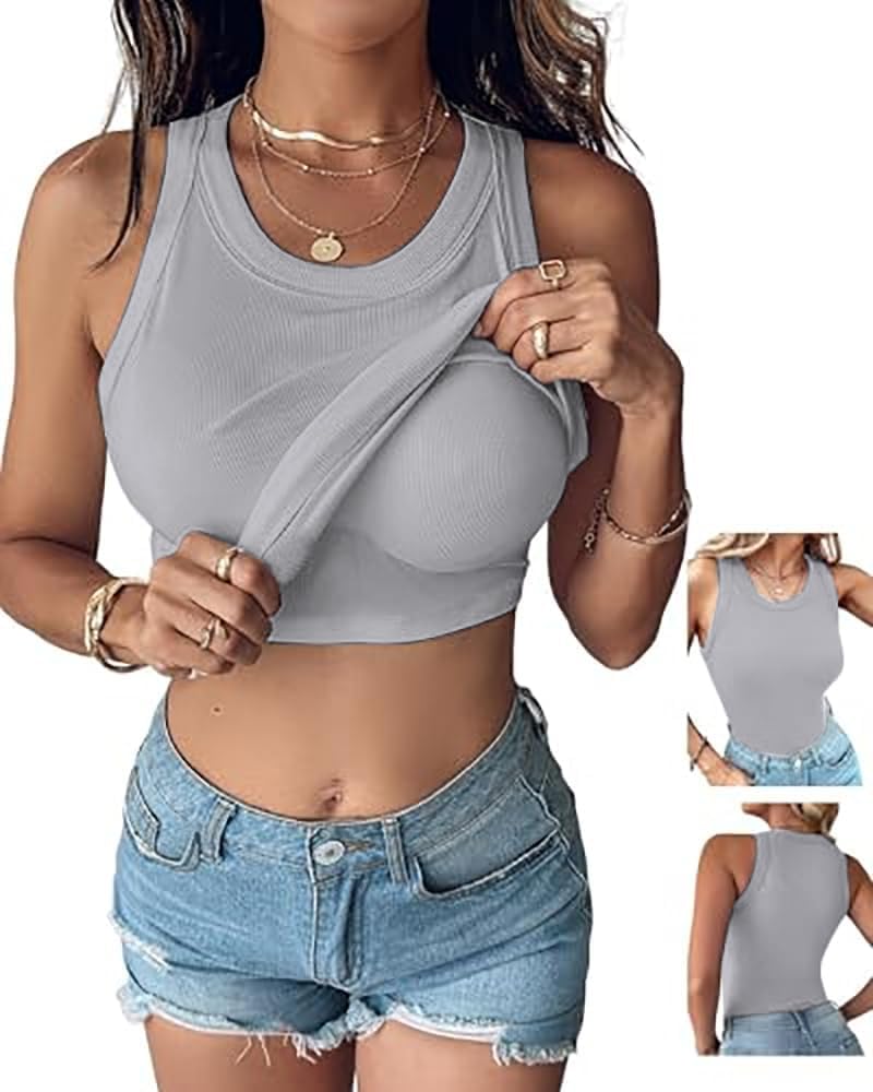 CHICME Women Built-in Bra Tank Tops Sleeveless Casual Shirts Racerback Ribbed Fitted Tank Tops