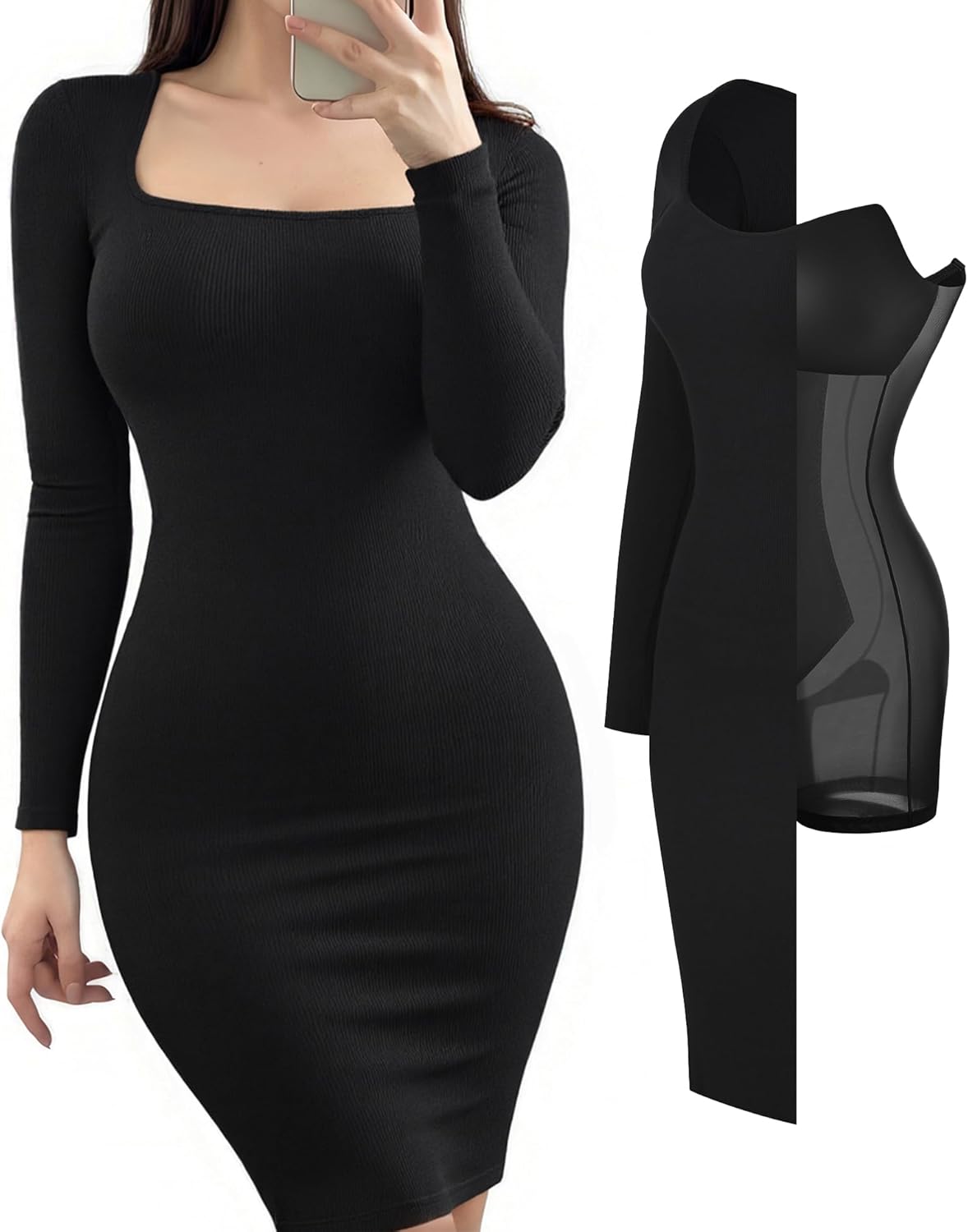 Popilush Dress Long Sleeve Midi Bodycon Dresses for Women Square Neck Shapewear Tummy Control Built-in Bra Party
