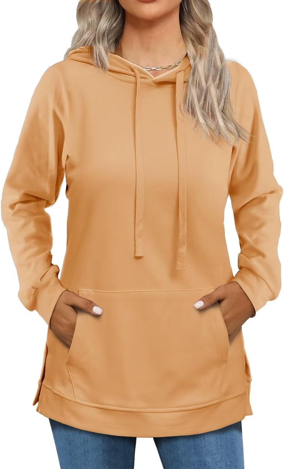 Beimuc Hoodies for Women Fashion Split Hem Drawstring Casual Long Sleeve Sweatshirts Tops with Pockets