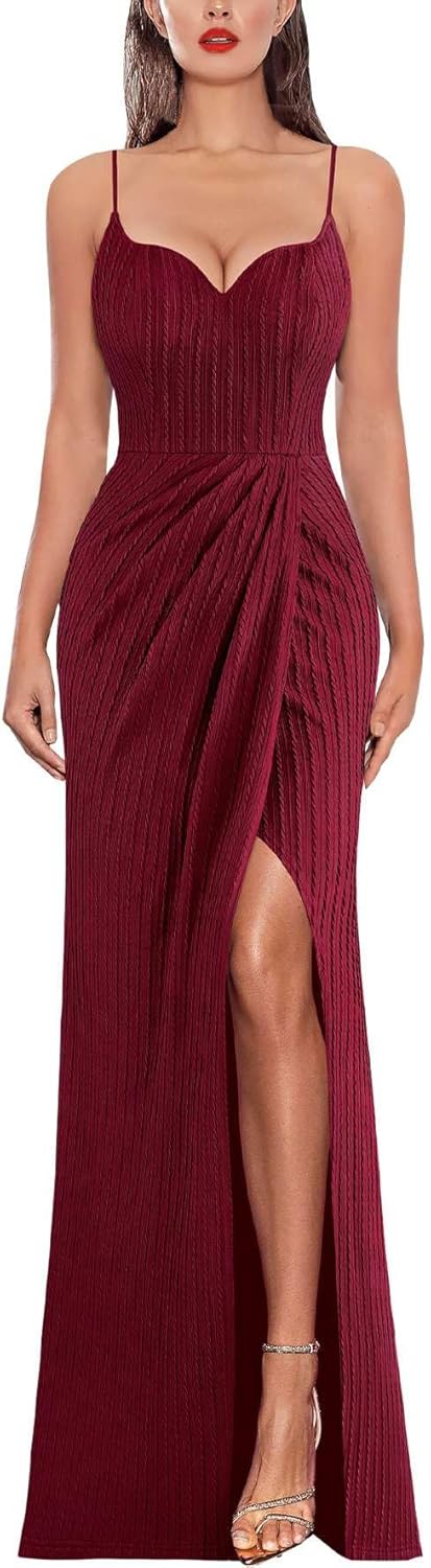 VFSHOW Womens Sexy Formal Ruched Fitted High Slit Bodycon Maxi Dress Spaghetti Strap Sweetheart Cocktail Prom Evening Gown