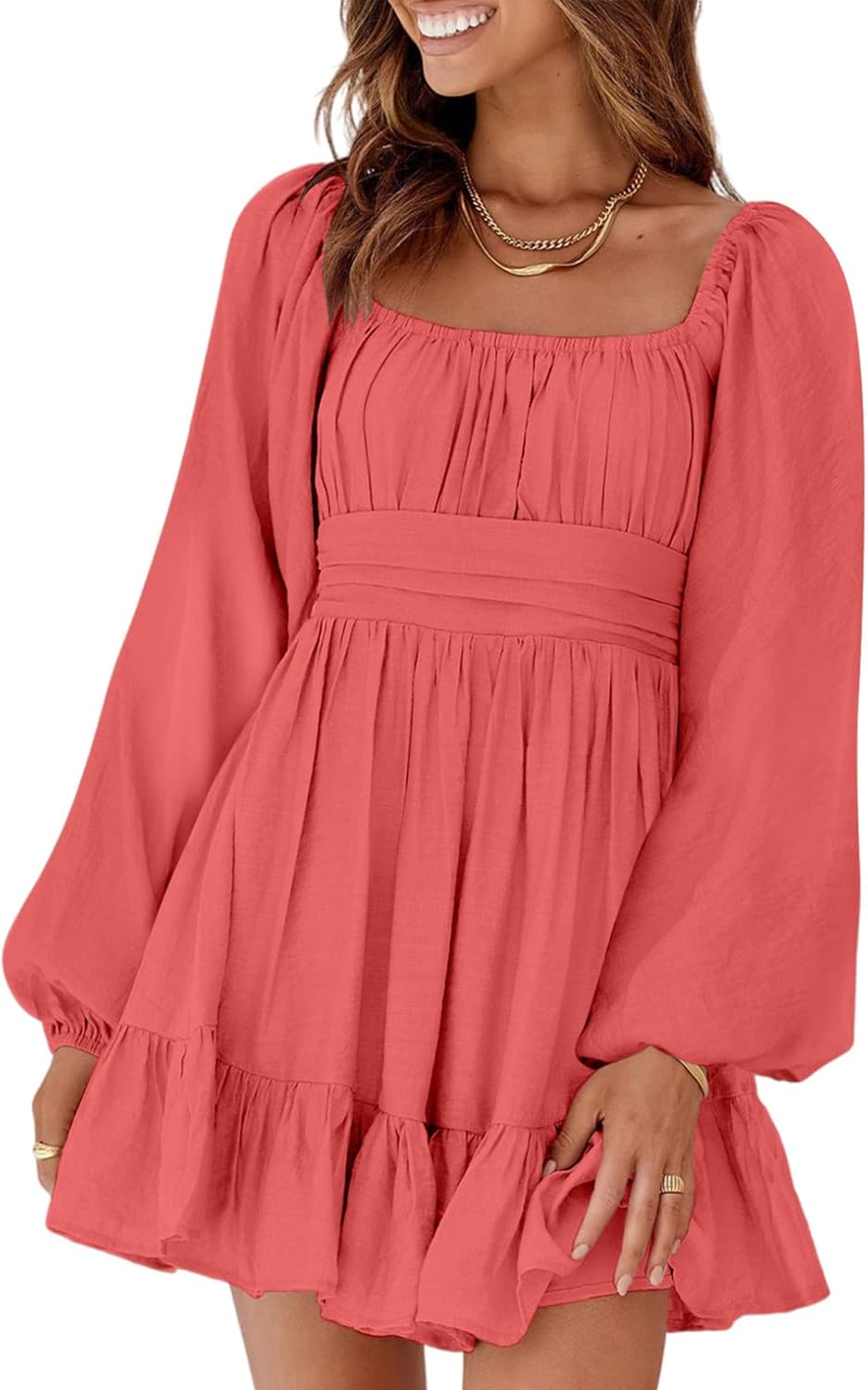 Dokotoo Womens Dress Long Lantern Sleeve Square Neck Tie Backless Sexy Dress Ruffle Elastic Waist A-Line Mini Dress