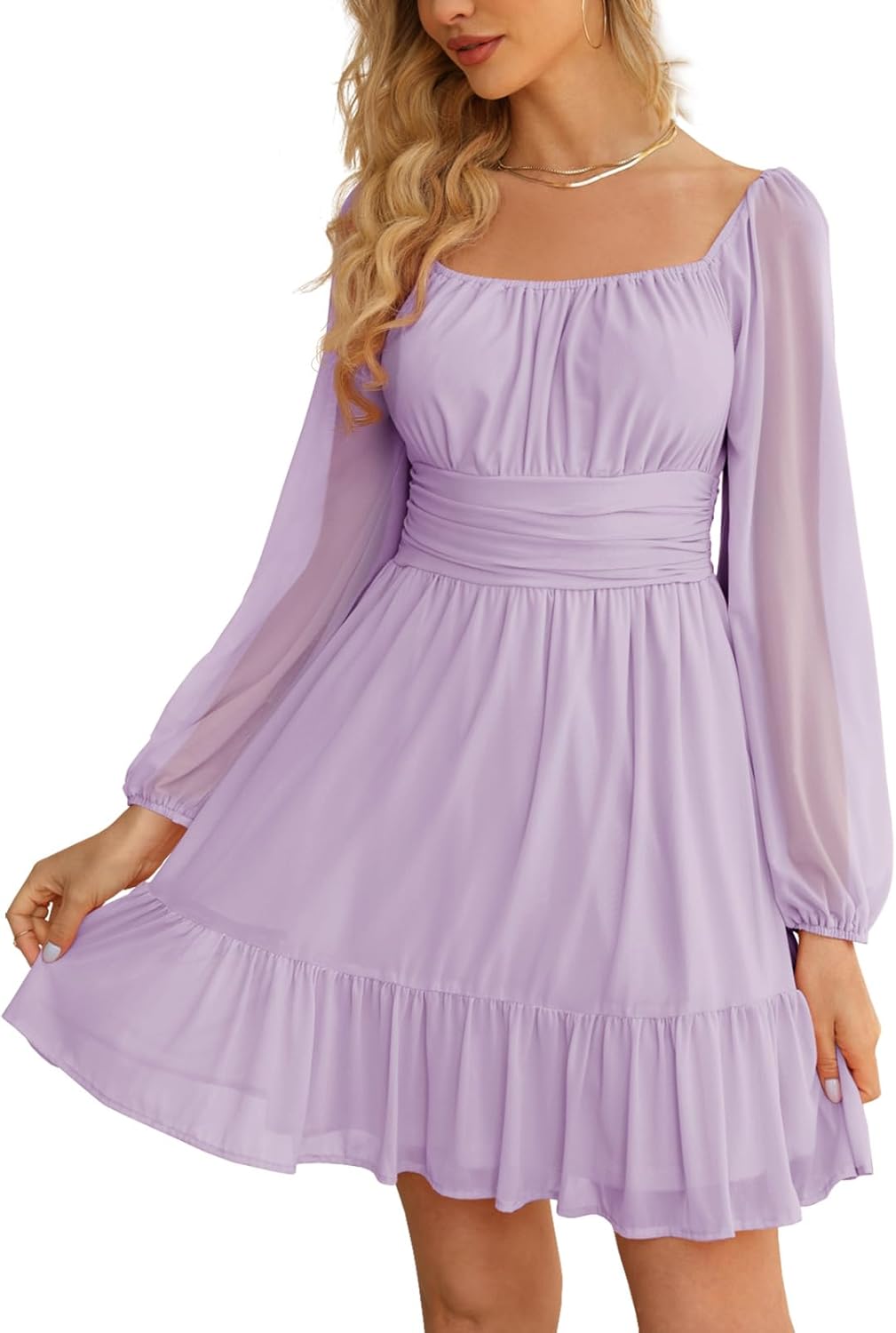 Wenrine Women's Mesh Long Sleeve Square Neck Dress High Waist A Line Ruffle Hem Flowy Casual Party Mini Dress