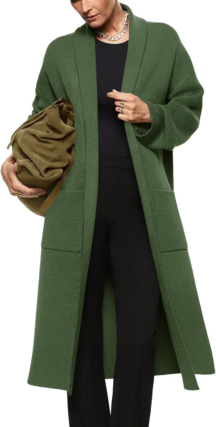 Womens Long Sleeve Maxi Cardigan Open Front Oversized Knitted Sweater Coat Casual Lapel Warm Overcoat with Pockets