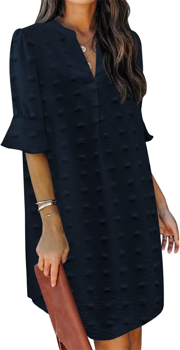 QACOHU Summer Dresses for Women V Neck Ruffle Short Sleeve Casual Shift Dress