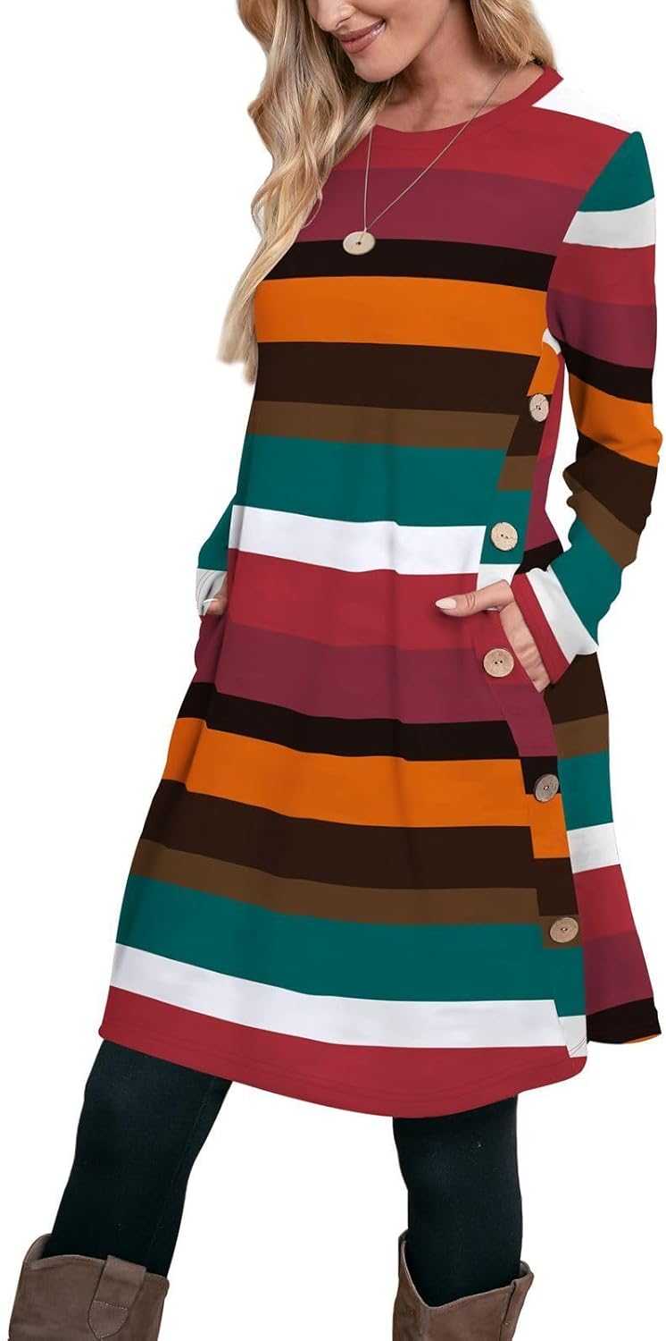 OFEEFAN Long Sleeve Dress for Women Crew Neck Tunic Dress with Pockets Buttons Side