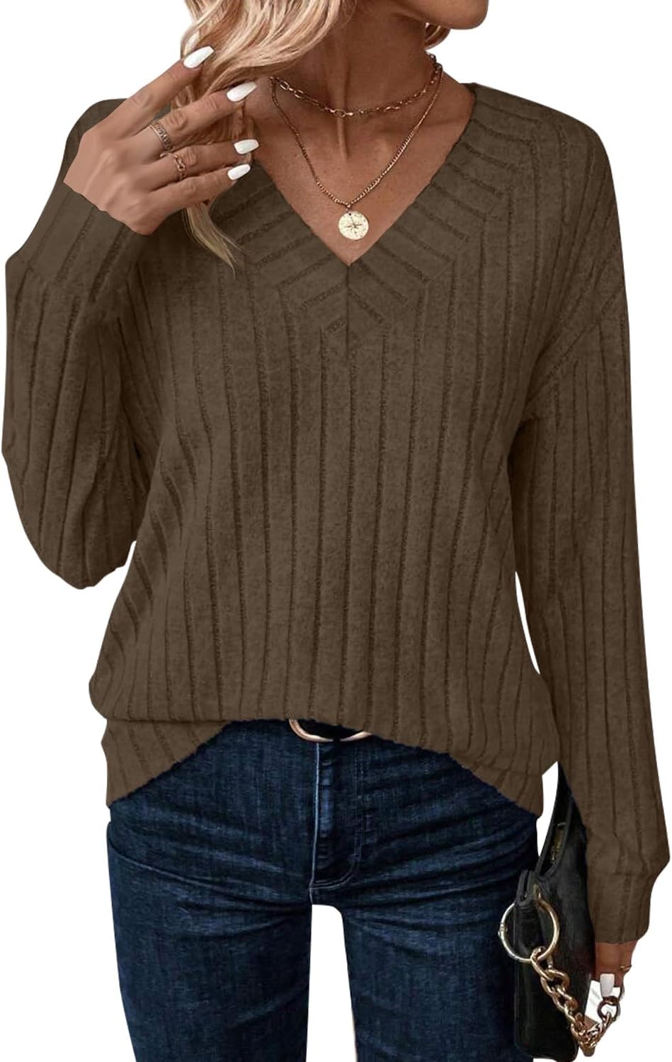 JUSTFASHIONNOW Long Sleeve V Neck Shirts for Women Fall Tops Lightweight Sweaters Dressy Casual Tunic Tops 2025 Outfits