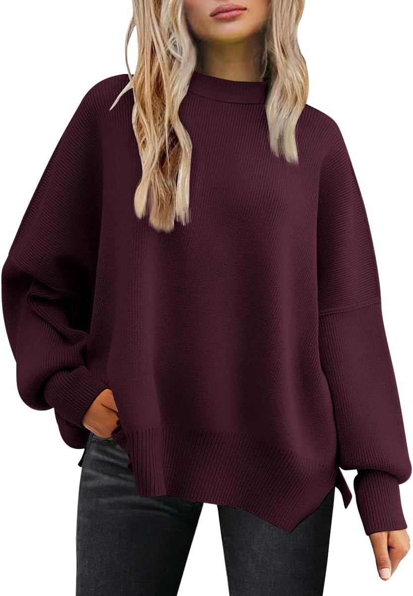 LILLUSORY Women's Oversized Batwing Sweaters 2025 Fall Outfits Trendy Crewneck Knit Side Slit Fashion Pullover Tops