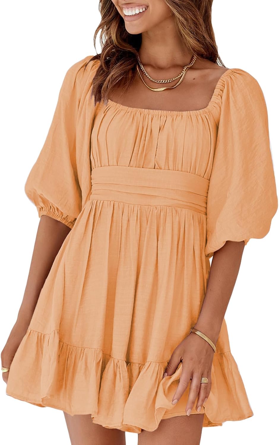 Dokotoo Womens Summer Dresses Square Neck Tie Back Lantern Sleeve Ruffle A-Line Casual Dress