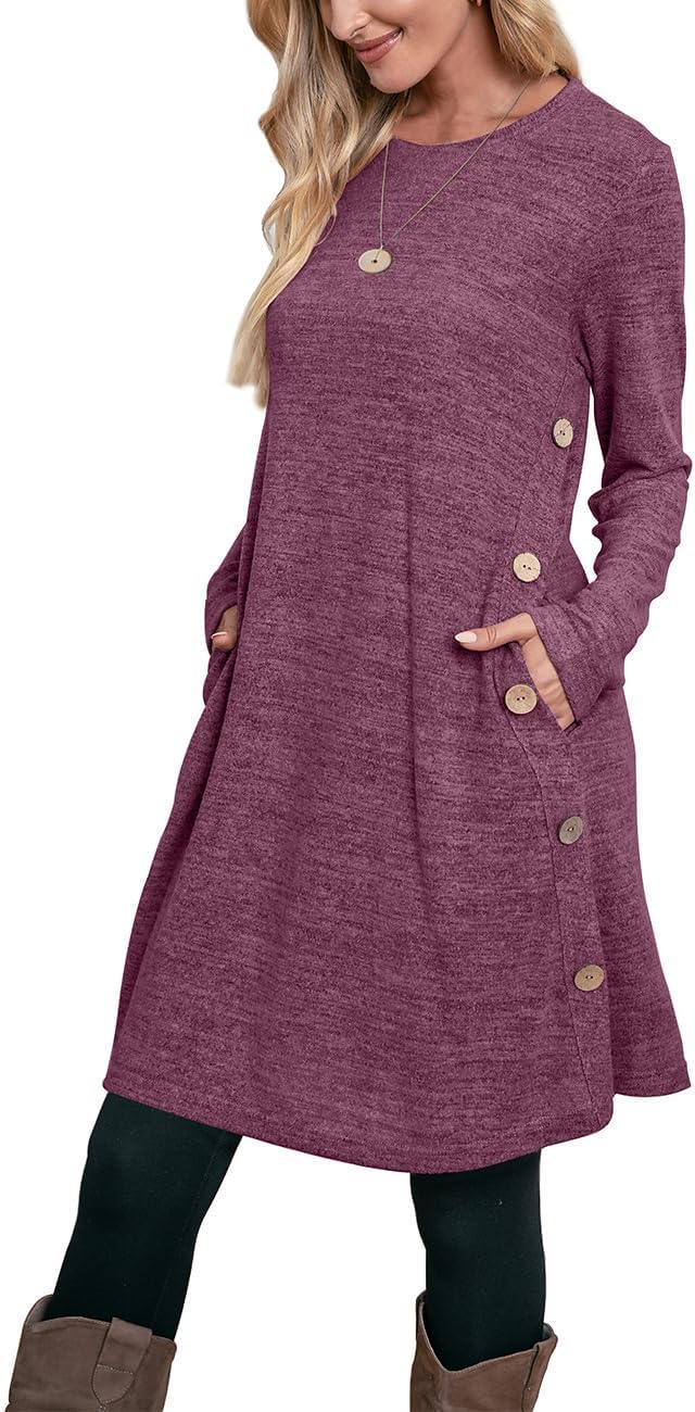 OFEEFAN Long Sleeve Dress for Women Crew Neck Tunic Dress with Pockets Buttons Side