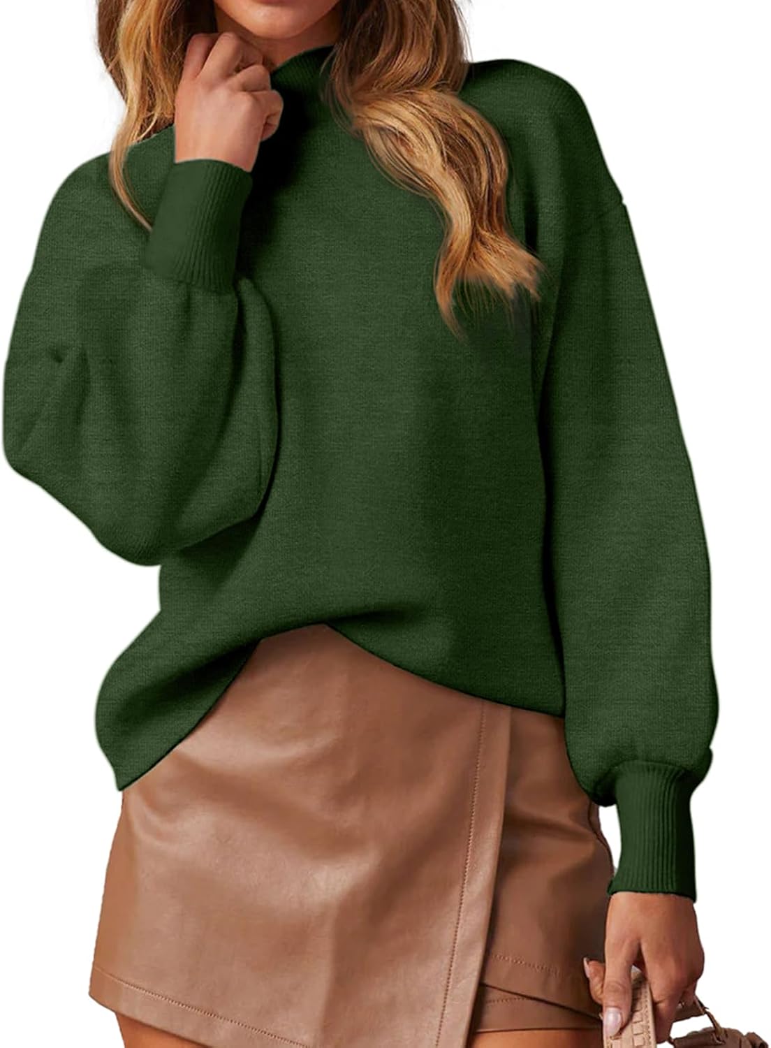 WEACZZY Women's 2025 Fall Fashion Casual Sweaters Mock Neck Long Lantern Sleeve Lightweight Knit Pullover Sweater Tops