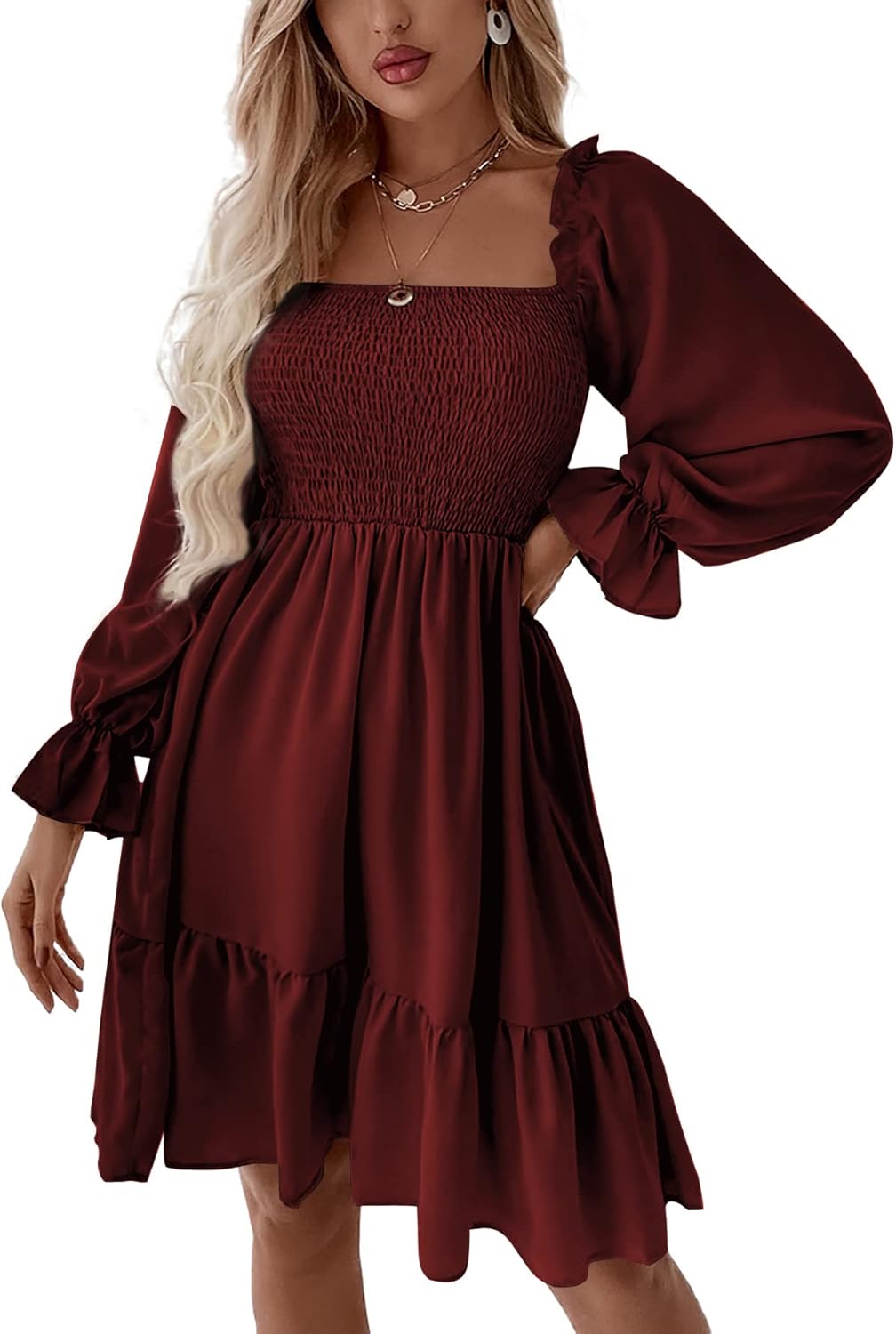 LYANER Women's Square Neck Lantern Long Sleeve Ruffle Shirred Flowy Party Mini Dress