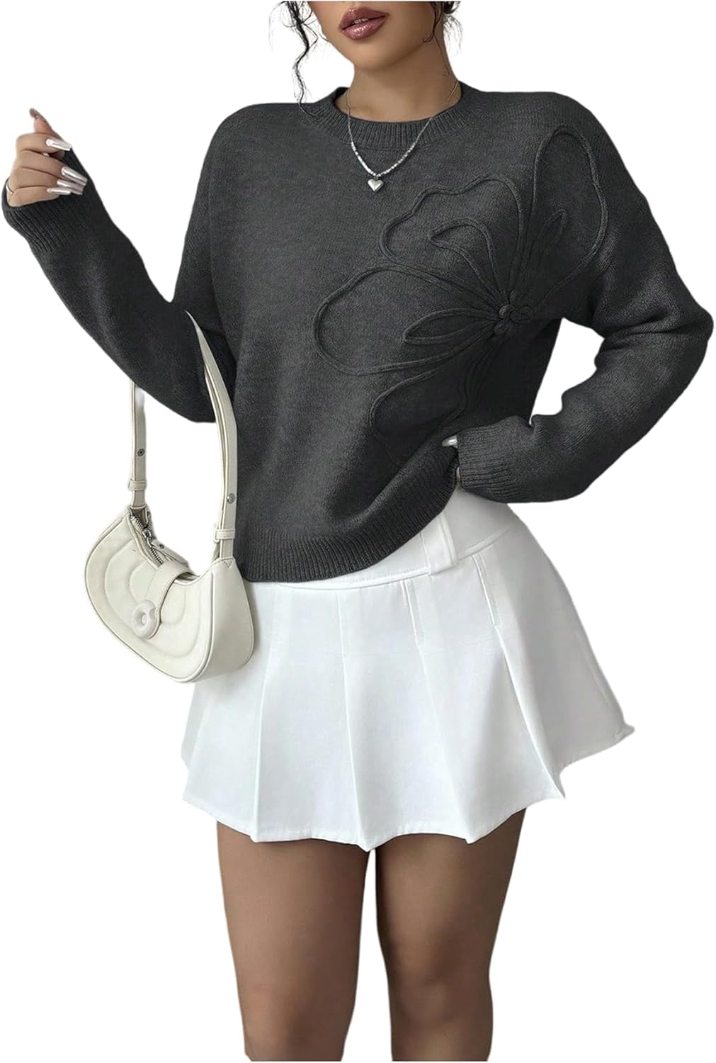 Women's 3D Floral Appliques Crewneck Sweaters Long Sleeve Drop Shoulder Pullovers Elegant Knit Tops