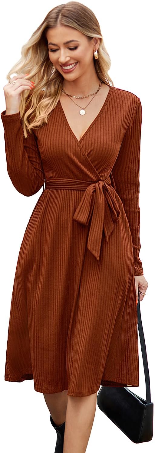Newshows Womens 2025 Fall Dresses Teacher Church Business Casual Work Outfits Knit Midi Sweater Pockets Belt Dress
