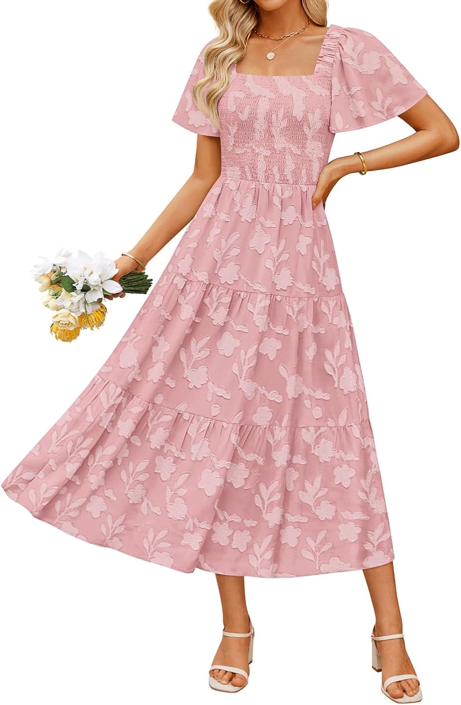 ZESICA Women‘s Summer Boho Floral Midi Dress 2025 Casual Short Sleeve Square Neck Flowy Beach Vacation Long Dress