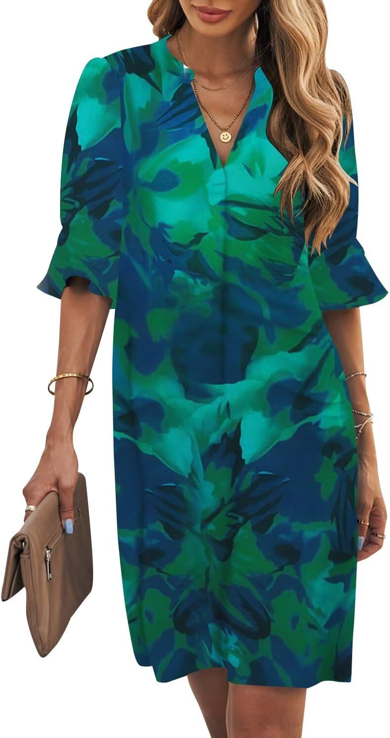 Wkior Shift Dress for Women V Neck Short Sleeves Solid Color Casual Flowy Summer Dresses(S-2XL)