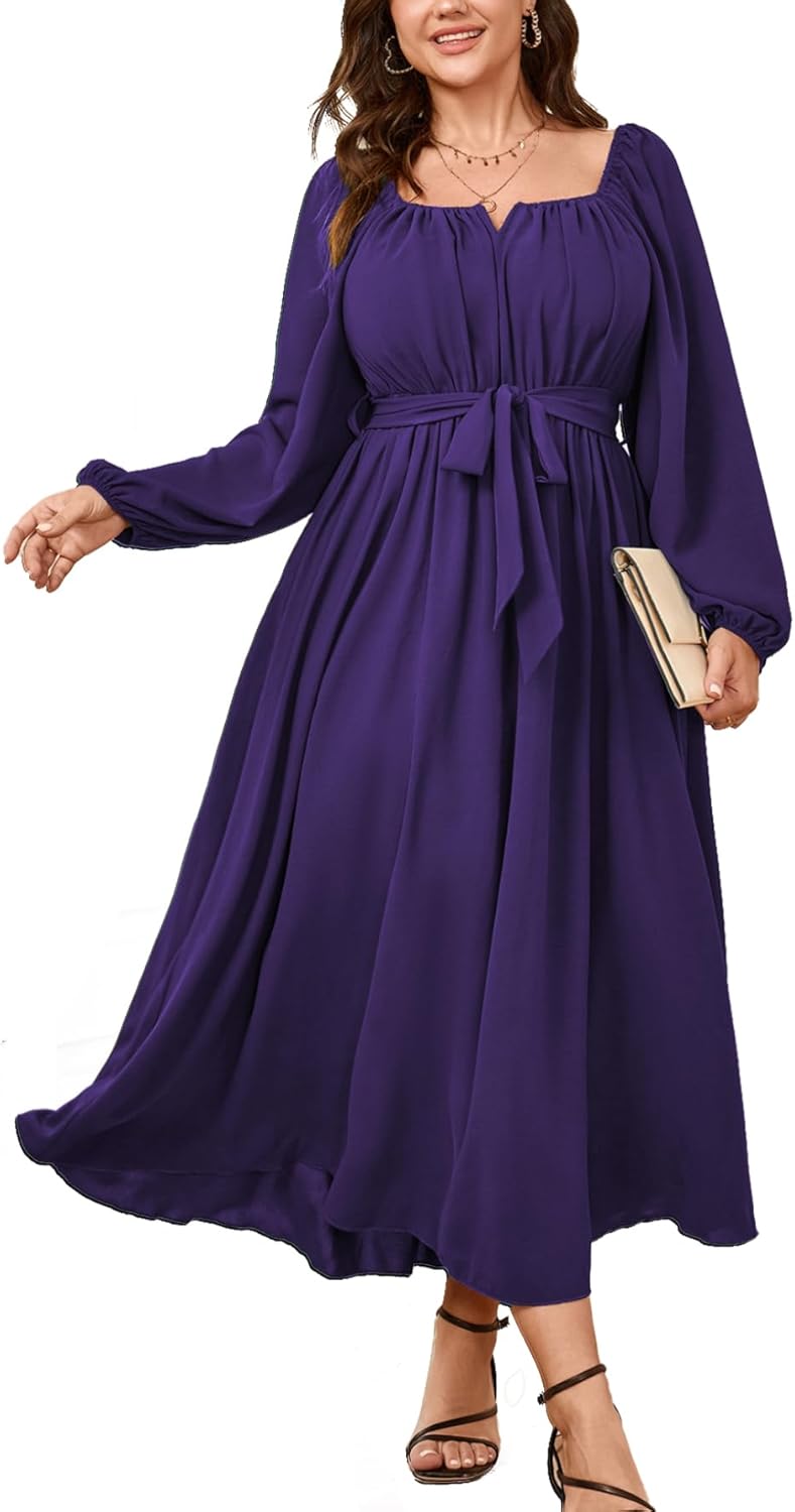 SCOMCHIC Women Plus Size Maxi Dress Long Sleeve Square Neck Wedding Guest Cocktail Belted Elegant Flowy A Line Long Dresses