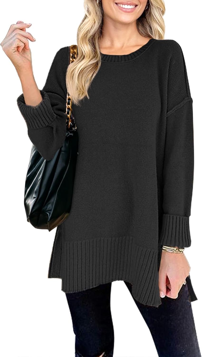 MEROKEETY Women's 2025 Fall Winter Oversized Pullover Sweater Casual Loose Crew Neck Long Sleeve Side Split Jumper Tops