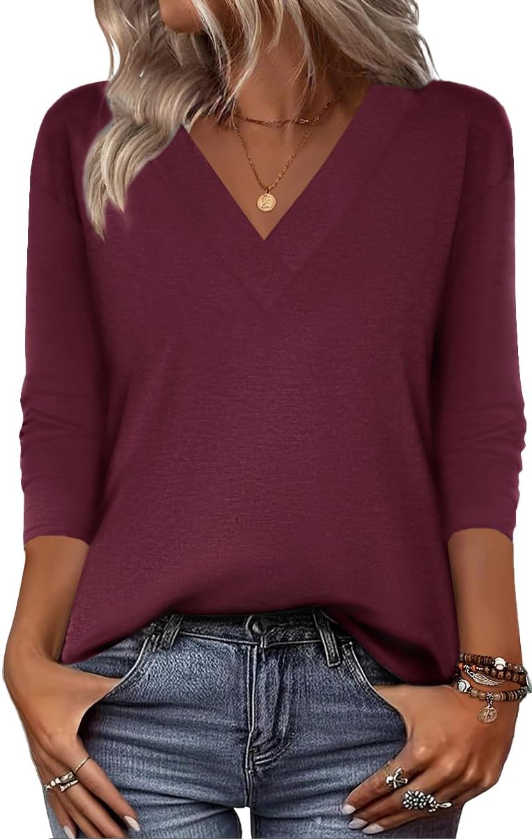 Zeagoo Women Long Sleeve Tops Dressy Casual V Neck Tshirts Basics Tee 2025 Fall Trendy Clothes S-2XL