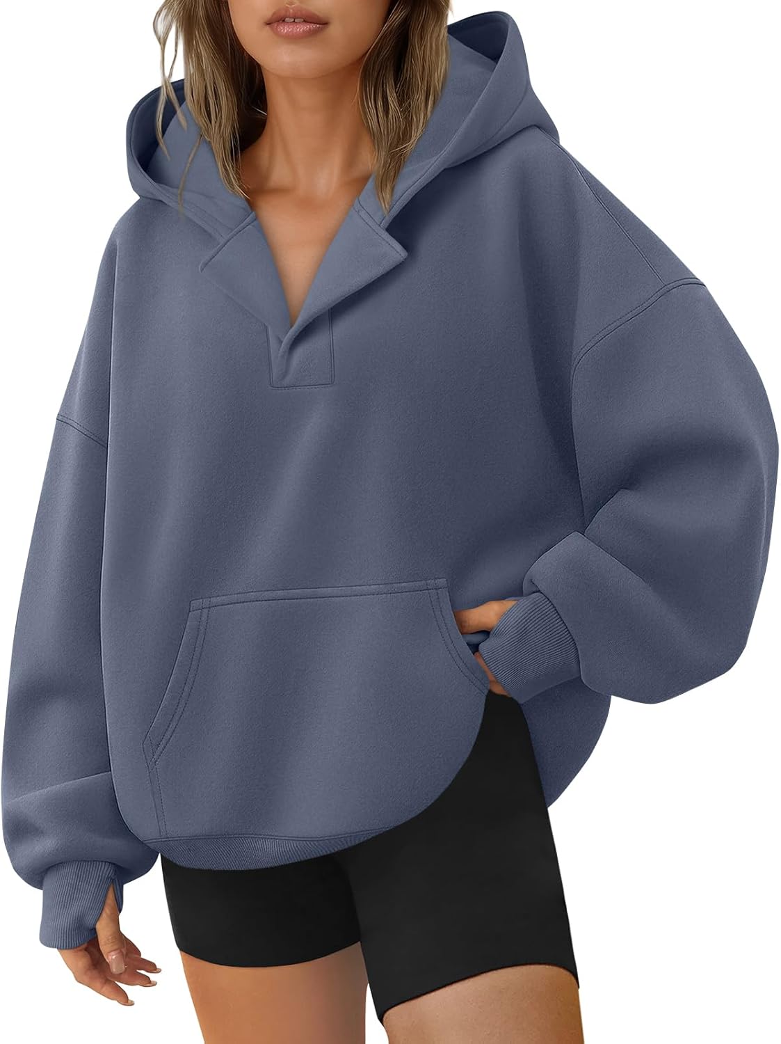Trendy Queen Womens Oversized V Neck Hoodies with Thumb Hole Pullover Sweatshirts Y2k Clothes Fall Fashion Outfits 2025