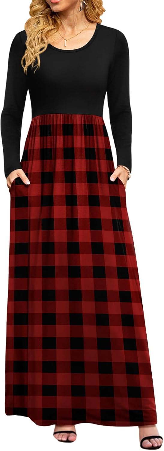 DB MOON Women Casual Long Sleeve Maxi Dresses Empire Waist Long Dress with Pockets