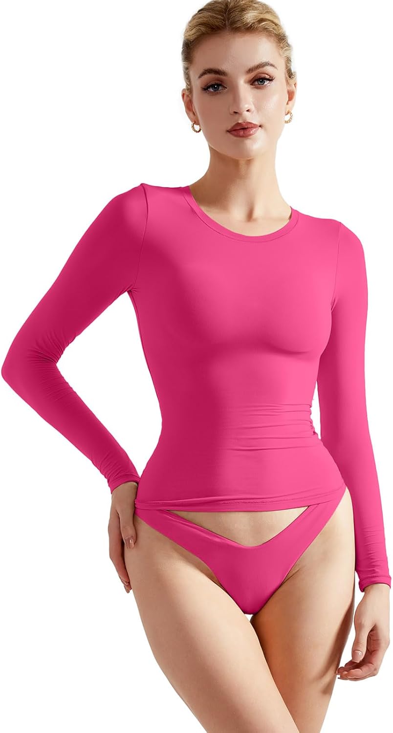 SUUKSESS Women Double Lined Fitted Basic T Shirts Crew Neck Long Sleeve Crop Top