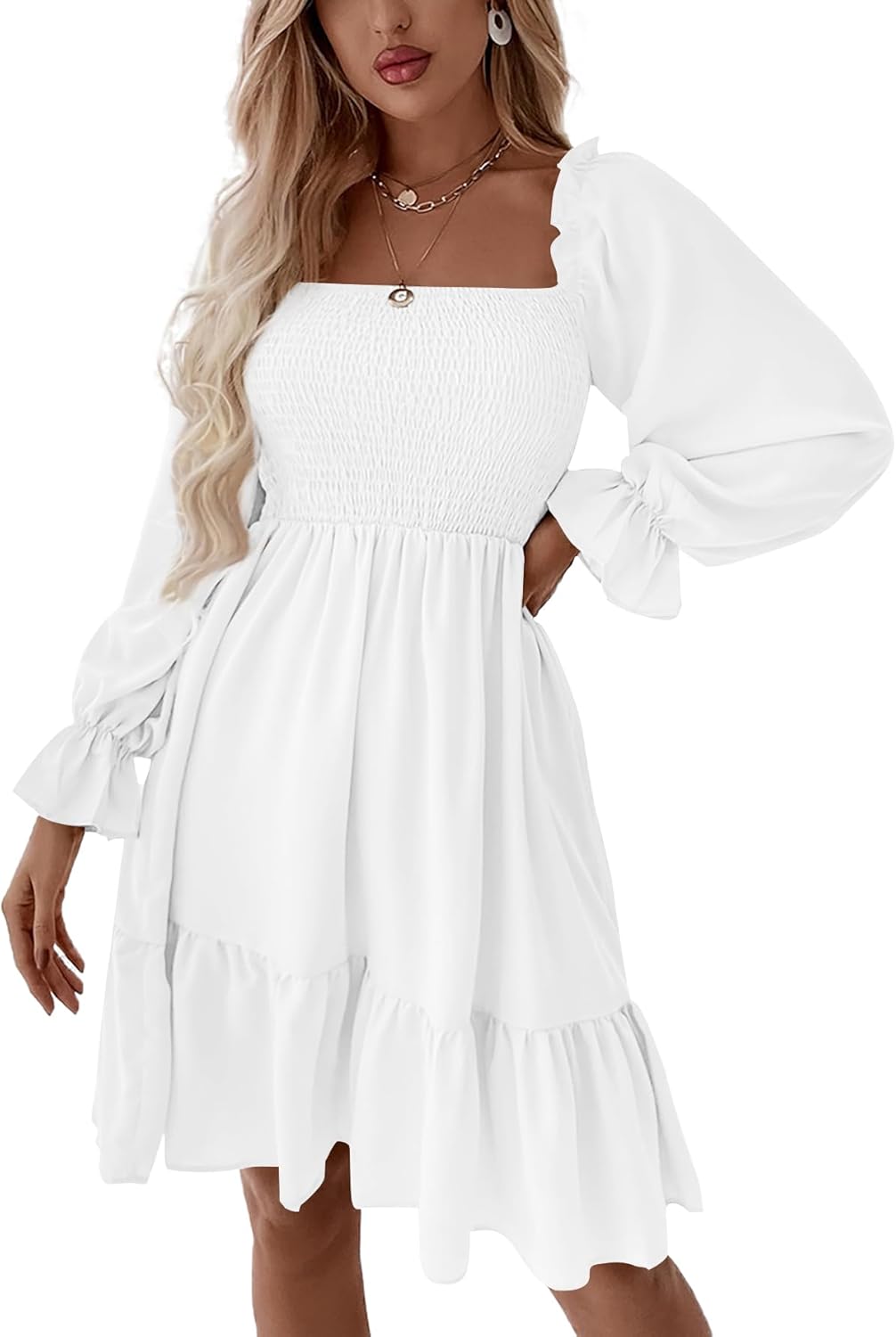 LYANER Women's Square Neck Lantern Long Sleeve Ruffle Shirred Flowy Party Mini Dress